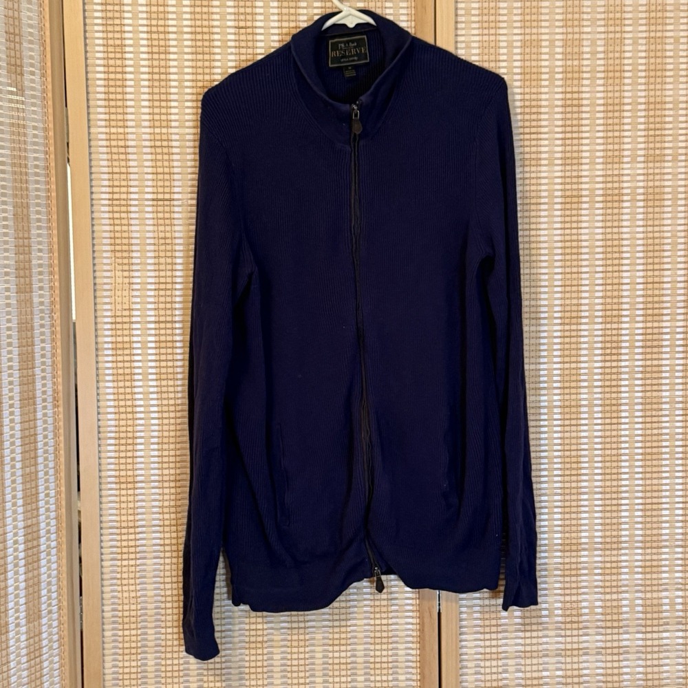 Jos A Bank Reserve Mens M Cardigan Sweater Navy Full Double Zip Preppy Office